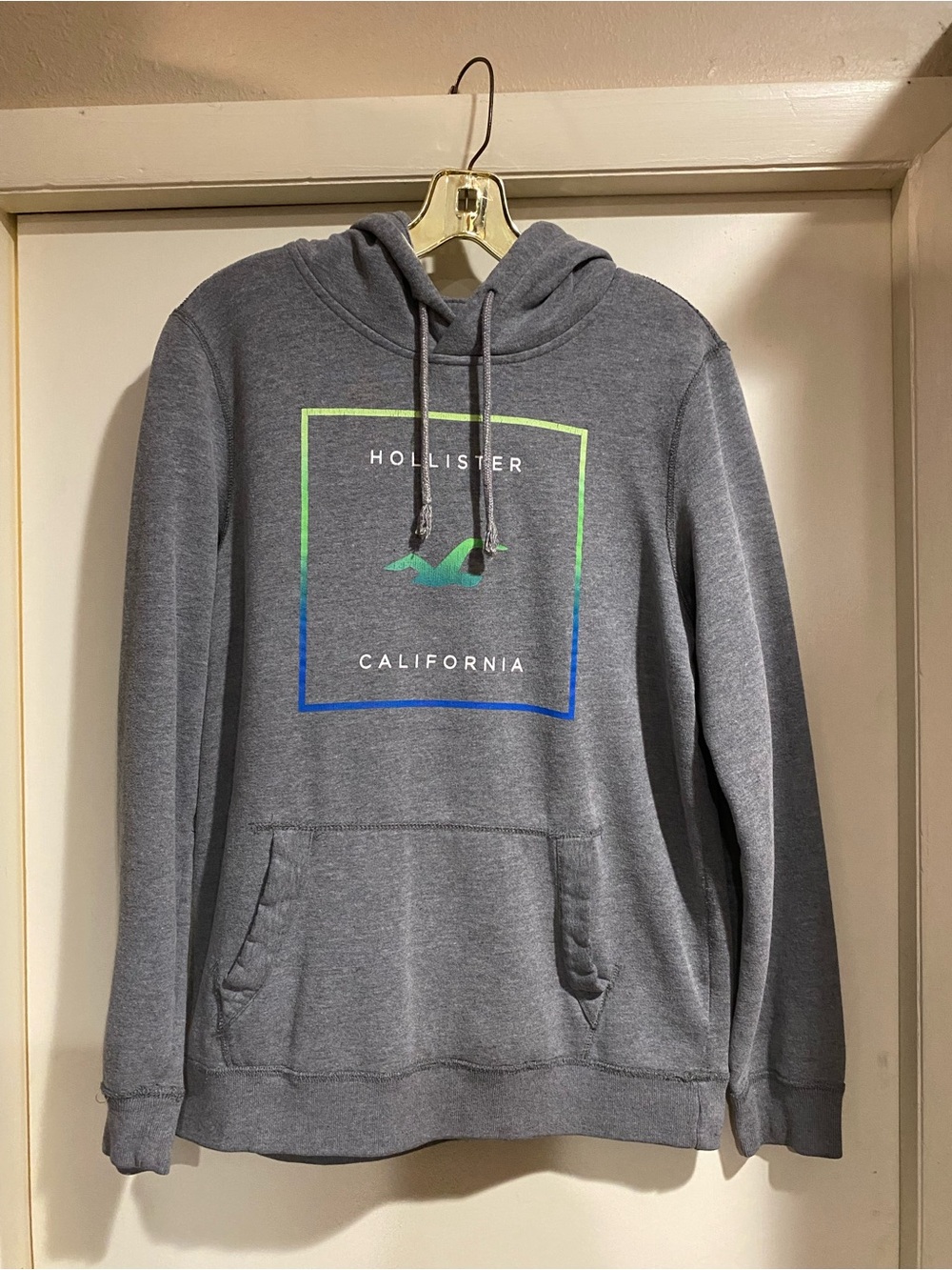 Hollister Gray Hoodie with Green and Blue Logo Accents M